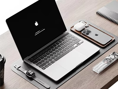 Modern Apple Laptop with iPhone AirPods and Apple Watch in Desk Setup 3d model