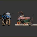 Outdoor Café Scene With Blue Motorcycle Chalkboard Table Chair Flower Pots And Wheelbarrow