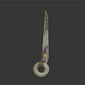 Unique Weapon Knife With White Circular Handle And Patterned Bladed Edge On Plain Gray Background
