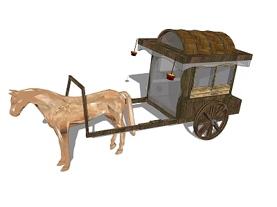 Traditional Horse-Drawn Carriage With Horse Wooden Wheels Curved Roof And Carriage Windows Design 3d model