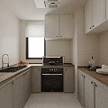 Modern Kitchen Interior With Light Gray Cabinets Wooden Countertop Oven Sink And Window