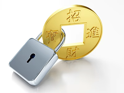 Elegant Door Handle With Silver Padlock And Golden Coin Decoration 3d model
