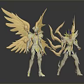 Two Golden Armored Warrior Figures With Large Wings And Intricate Armor Details
