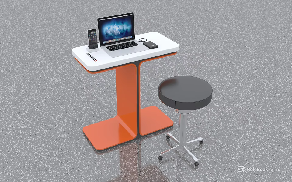 Modern Office Desk With White Top Orange Legs Laptop Pen Mouse And Black Round Stool 3d model 