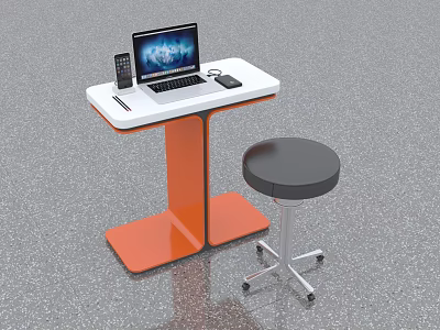 Modern Office Desk With White Top Orange Legs Laptop Pen Mouse And Black Round Stool 3d model