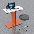 Modern Office Desk With White Top Orange Legs Laptop Pen Mouse And Black Round Stool