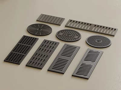 Black Drain Covers And Grates With Various Patterns Shapes And Designs 3d model