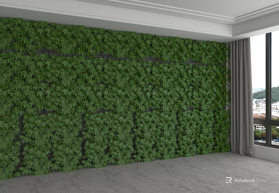 Indoor Green Living Plant Wall With Lush Foliage And Gray Curtain Near Window 3d model 