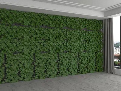 Indoor Green Living Plant Wall With Lush Foliage And Gray Curtain Near Window 3d model