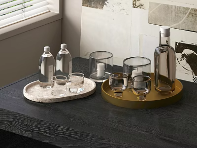 Elegant Glasses On Marble Gold Trays With Water Bottles Candle Holders On Dark Wooden Table 3d model