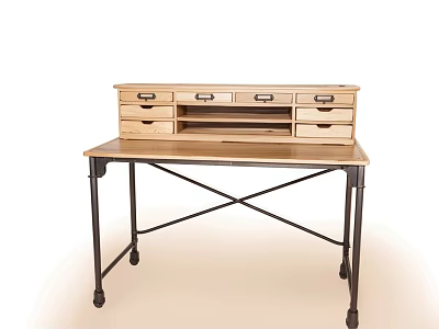 Vintage Wooden Desk With Multiple Drawers And Metal Cross Legs 3d model