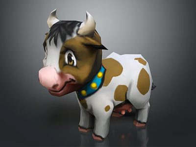 Cute Brown Spotted Cartoon Cow Game Character With Pink Nose Blue Collar And Black Mane 3d model