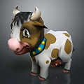 Cute Brown Spotted Cartoon Cow Game Character With Pink Nose Blue Collar And Black Mane