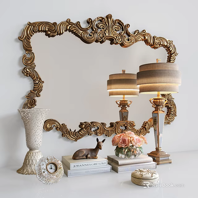 Decorative Ornament Set With Ornate Gold Mirror Table Lamps White Vase Deer Figurine Pink Bouquet 3d model 