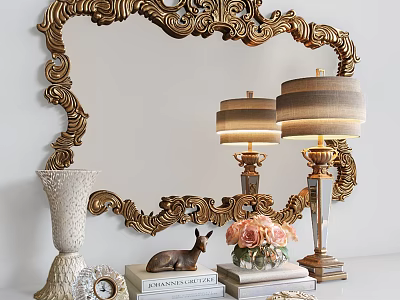 Decorative Ornament Set With Ornate Gold Mirror Table Lamps White Vase Deer Figurine Pink Bouquet 3d model