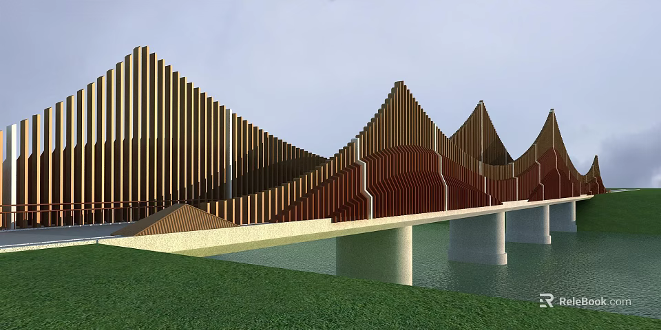 Modern Bridge With Wave like Wooden Structure White Pillars And Green Grass Around Water 3d model 