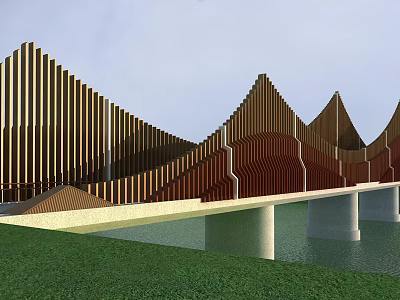 Modern Bridge With Wave like Wooden Structure White Pillars And Green Grass Around Water 3d model