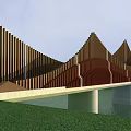 Modern Bridge With Wave like Wooden Structure White Pillars And Green Grass Around Water