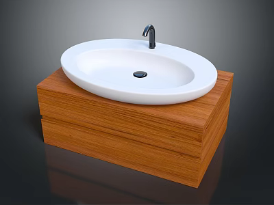 Modern Bathroom Sink Vanity With White Oval Basin Black Faucet And Wooden Countertop 3d model