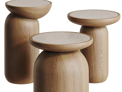 Three Modern Wooden Coffee Tables With Cylindrical Bases And Light Colored Tops 3d model