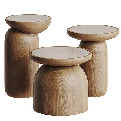 Three Modern Wooden Coffee Tables With Cylindrical Bases And Light Colored Tops 3d model