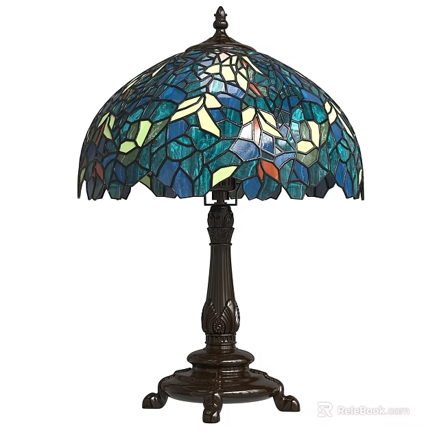 Stained Glass Table Lamp With Colorful Leaf Pattern And Dark Carved Metal Base 3d model 