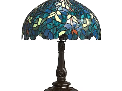 Stained Glass Table Lamp With Colorful Leaf Pattern And Dark Carved Metal Base 3d model