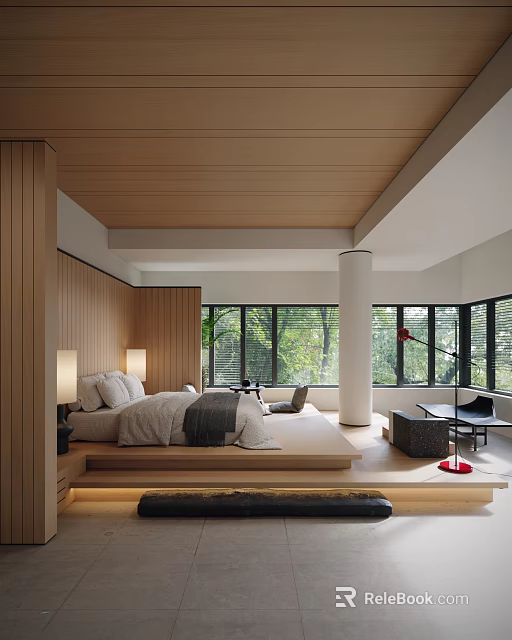 Modern Hotel Guest Room With Wooden Ceiling Large Windows And Natural Tree Views 3d model 