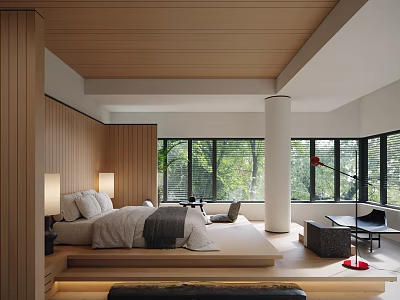 Modern Hotel Guest Room With Wooden Ceiling Large Windows And Natural Tree Views 3d model