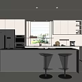 Modern Kitchen Interior With White Cabinets Black Island Bar Stools And Appliances