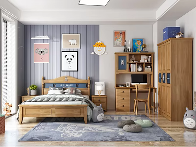 Cozy Kids Room Interior With Wooden Bed Blue Striped Wall And Totoro Plush 3d model