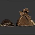 Handcrafted Leather Sculptures of Pouches in Different Sizes with Coins and Tags
