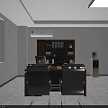 Office Interior With Black Sofa Coffee Table Desk Computer Calligraphy Artwork White Walls Gray Floor 3d model