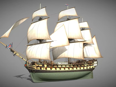 Classic Wooden Ship With Tall Masts Multiple White Sails And Green Hull Design 3d model