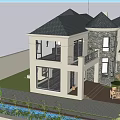 Modern Two Story Detached Villa With Garage Parked Cars And Green Plants