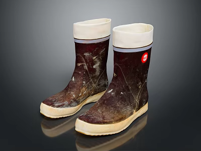 Brown Rain Boots With White Cuffs Beige Soles Red Logo And Distressed Details 3d model