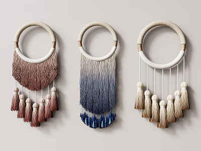 Macramé Wall Decor with Circular Hoop Frame and Gradient Tassels in Three Colors 3d model