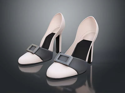 Fashionable Beige And Black High Heels With Round Toe And Square Metal Buckle 3d model