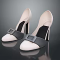 Fashionable Beige And Black High Heels With Round Toe And Square Metal Buckle