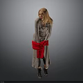 Woman with blonde hair in gray long dress holding red clothing against gray background