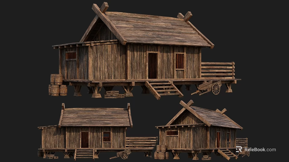 Traditional Ancient Wooden Buildings with Stilted Structure Sloped Rooftop Wooden Steps Barrels and Cart Details 3d model 