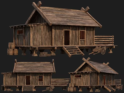 Traditional Ancient Wooden Buildings with Stilted Structure Sloped Rooftop Wooden Steps Barrels and Cart Details 3d model
