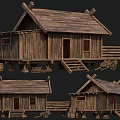 Traditional Ancient Wooden Buildings with Stilted Structure Sloped Rooftop Wooden Steps Barrels and Cart Details