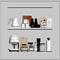 Lit White Kitchen Shelf with Coffee Machine Kettle Mugs Jars and Wooden Cutting Board