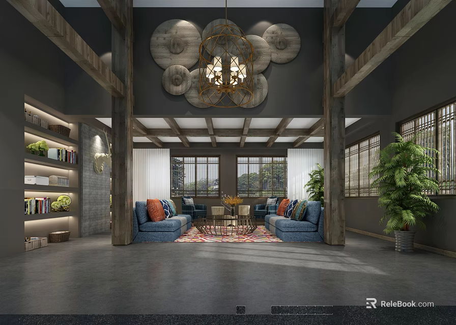 Hotel Lobby Interior With Wooden Beams Large Chandelier Blue Sofas And Green Plants 3d model 