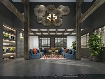 Hotel Lobby Interior With Wooden Beams Large Chandelier Blue Sofas And Green Plants 3d model