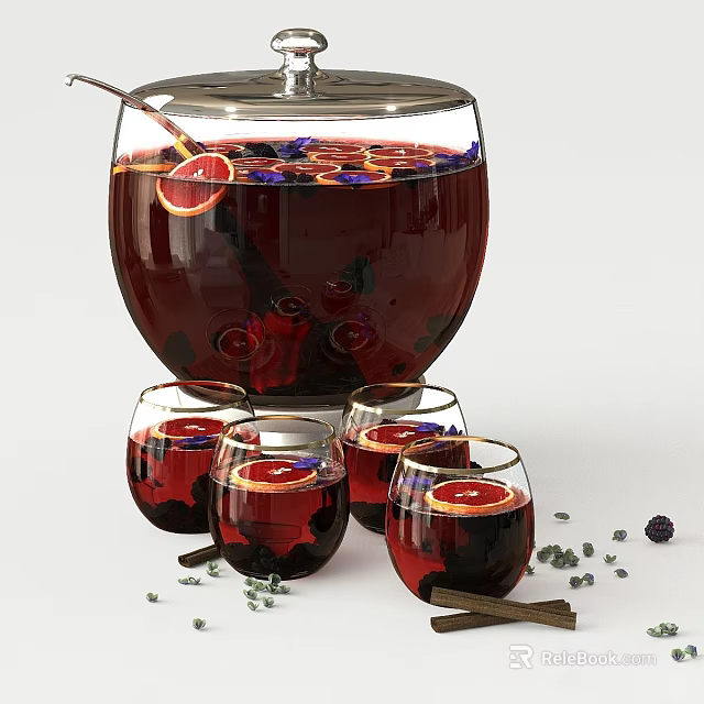 Glass Wine Decanter and Goblets with Red Fruit Infusion Orange Slices Berries and Cinnamon Sticks 3d model 