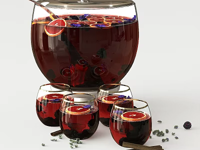Glass Wine Decanter and Goblets with Red Fruit Infusion Orange Slices Berries and Cinnamon Sticks 3d model