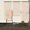 Elegant Japanese Bamboo Curtains in Interior with Potted Plant Tea Set and Rug