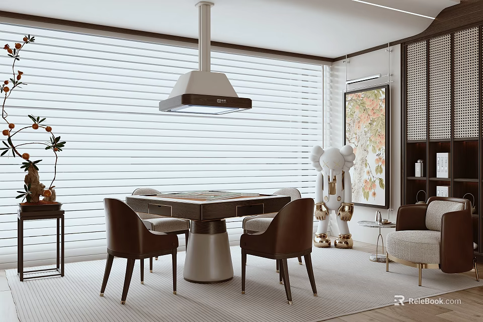 Elegant Hotel Mahjong Room with Modern Table Comfortable Chairs and Stylish Decor 3d model 